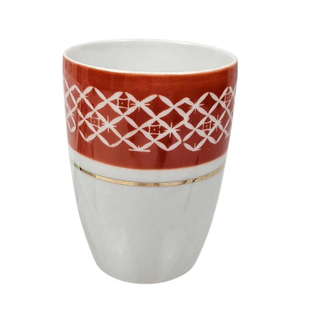 Set of 5 Red White Kutani Geometric Pattern Gold Rimmed Porcelain Tea Cups‎